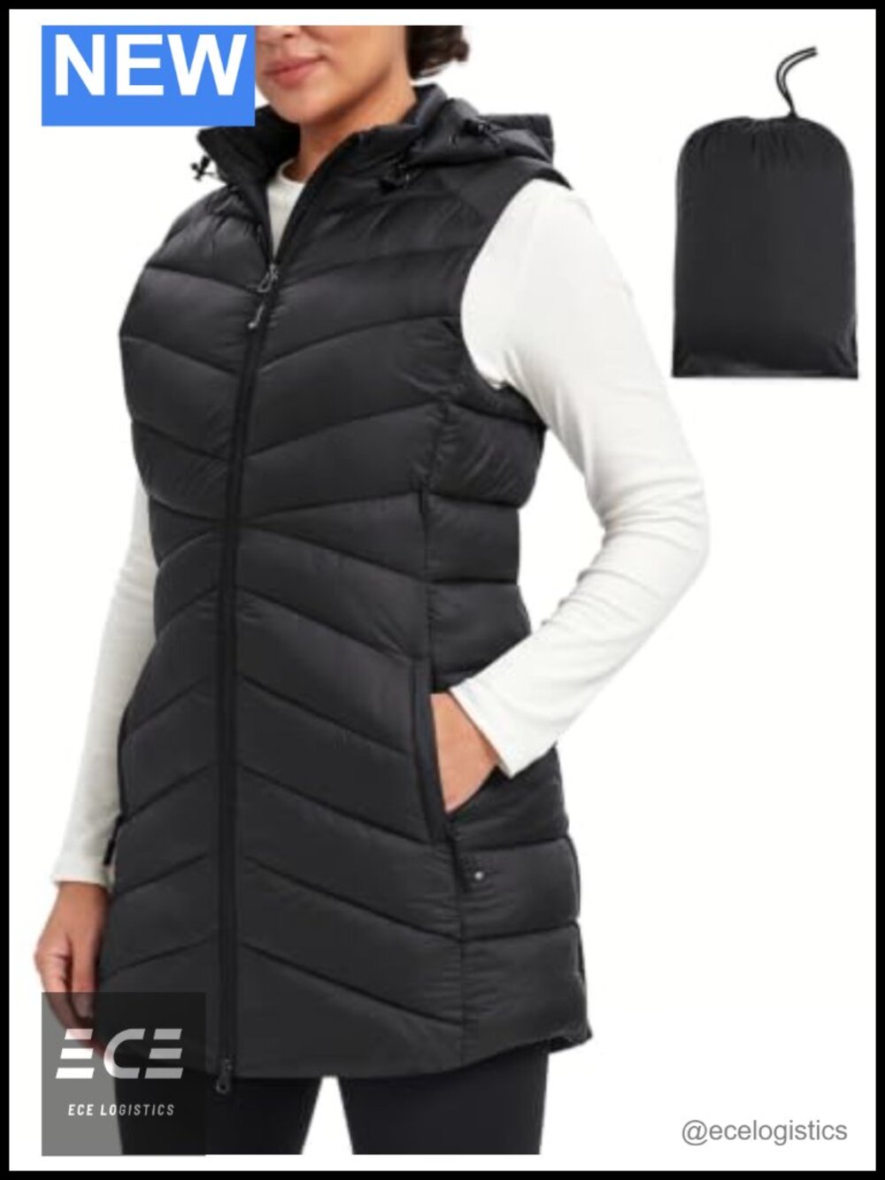 MoFiz Women's Hooded Long Puffer Vest Water-Resistant Packable Running